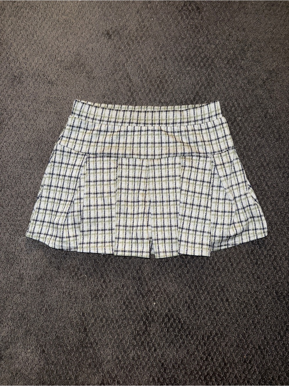 American Eagle Outfitters Cream White Black and Green Plaid Pleated Mini Skirt